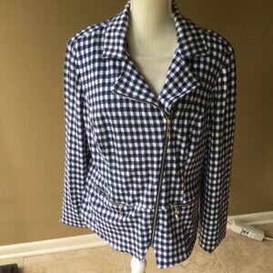 Chico's Womens Gingham blue/wht lined moto zippered jacket sz 2 (L, 14/16) EUC